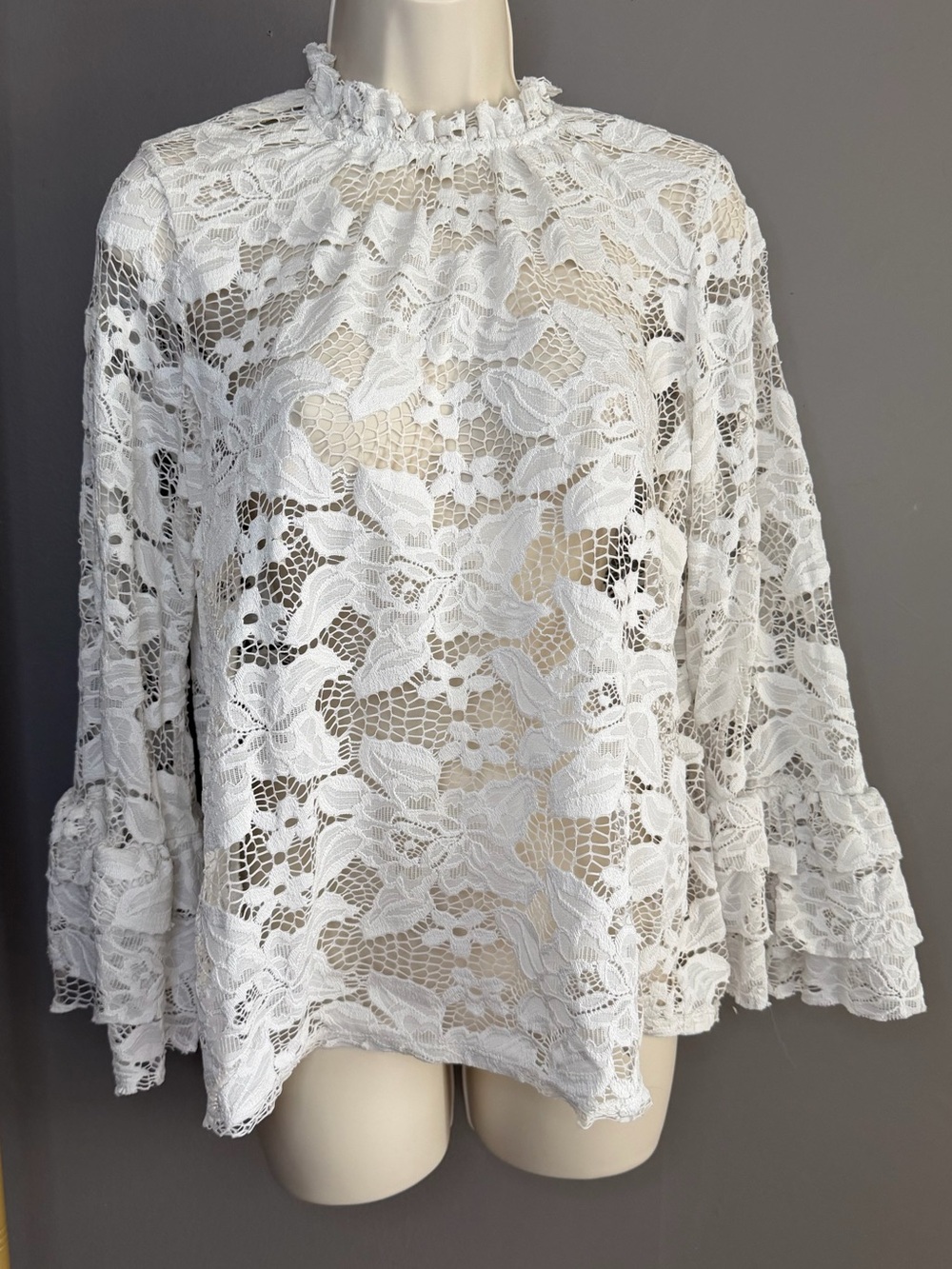 Cloud & Sky White Lace Ruffle Blouse XL Sheer Romantic Boho FP Style Bell Sleeve